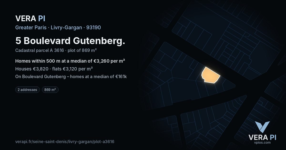 5 Boulevard Gutenberg, Livry-Gargan at night – the plot lit, the parcels around coloured by the prices near them