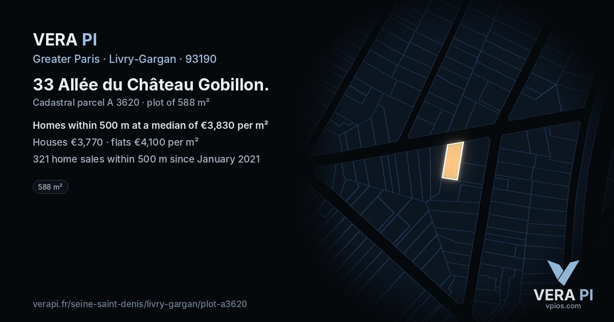 33 Allée du Château Gobillon, Livry-Gargan at night – the plot lit, the parcels around coloured by the prices near them