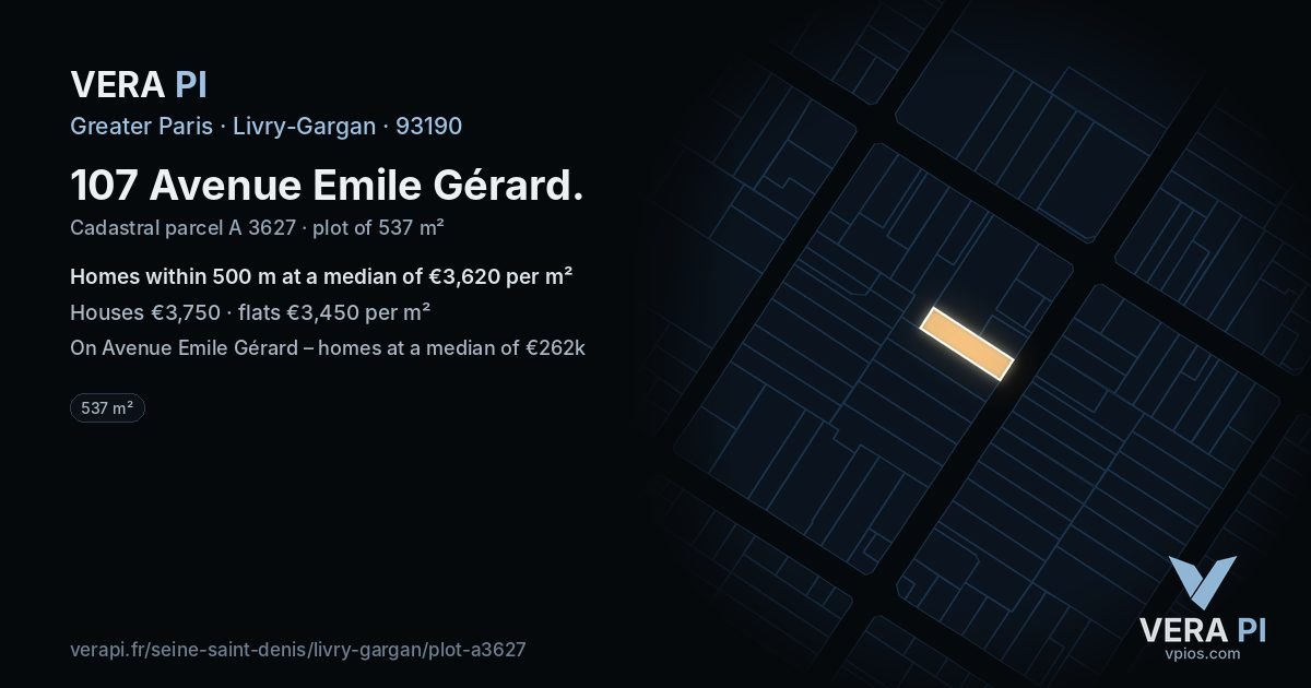 107 Avenue Emile Gérard, Livry-Gargan at night – the plot lit, the parcels around coloured by the prices near them