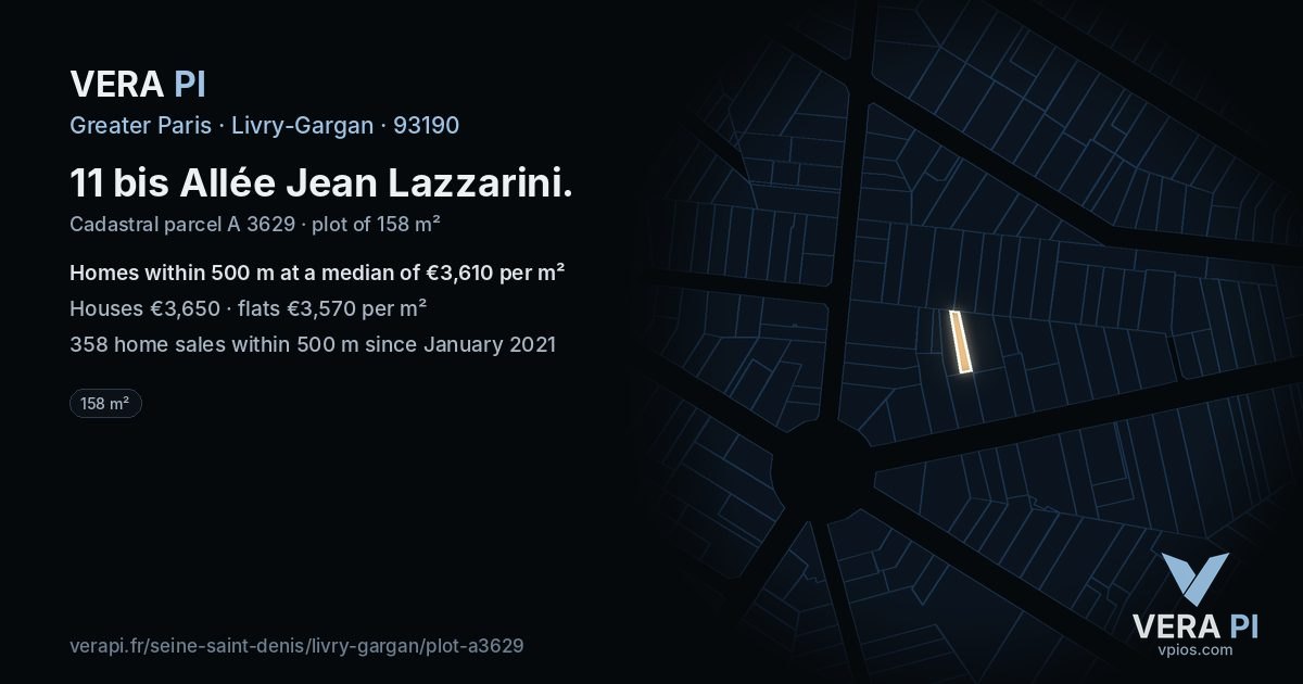 11 bis Allée Jean Lazzarini, Livry-Gargan at night – the plot lit, the parcels around coloured by the prices near them