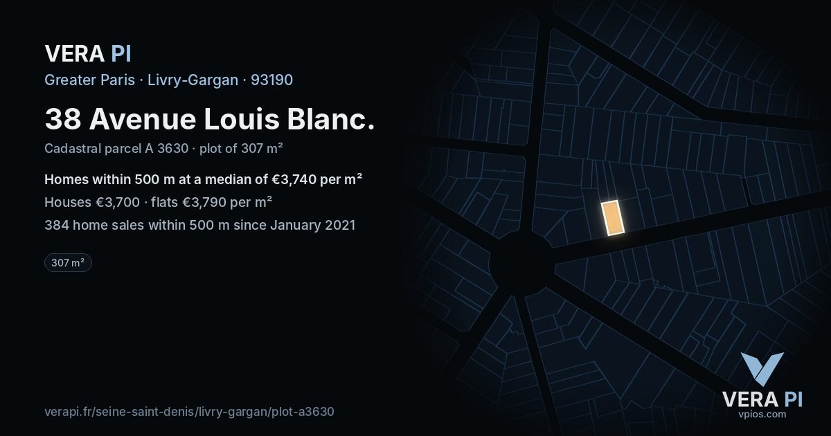 38 Avenue Louis Blanc, Livry-Gargan at night – the plot lit, the parcels around coloured by the prices near them