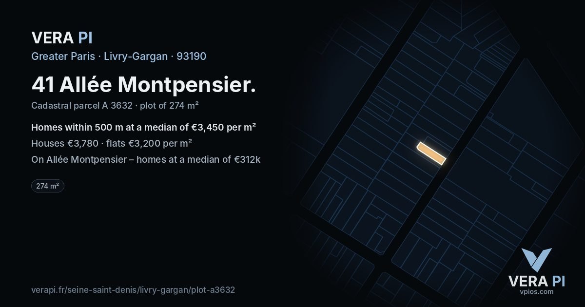 41 Allée Montpensier, Livry-Gargan at night – the plot lit, the parcels around coloured by the prices near them