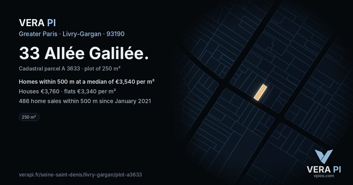 33 Allée Galilée, Livry-Gargan at night – the plot lit, the parcels around coloured by the prices near them