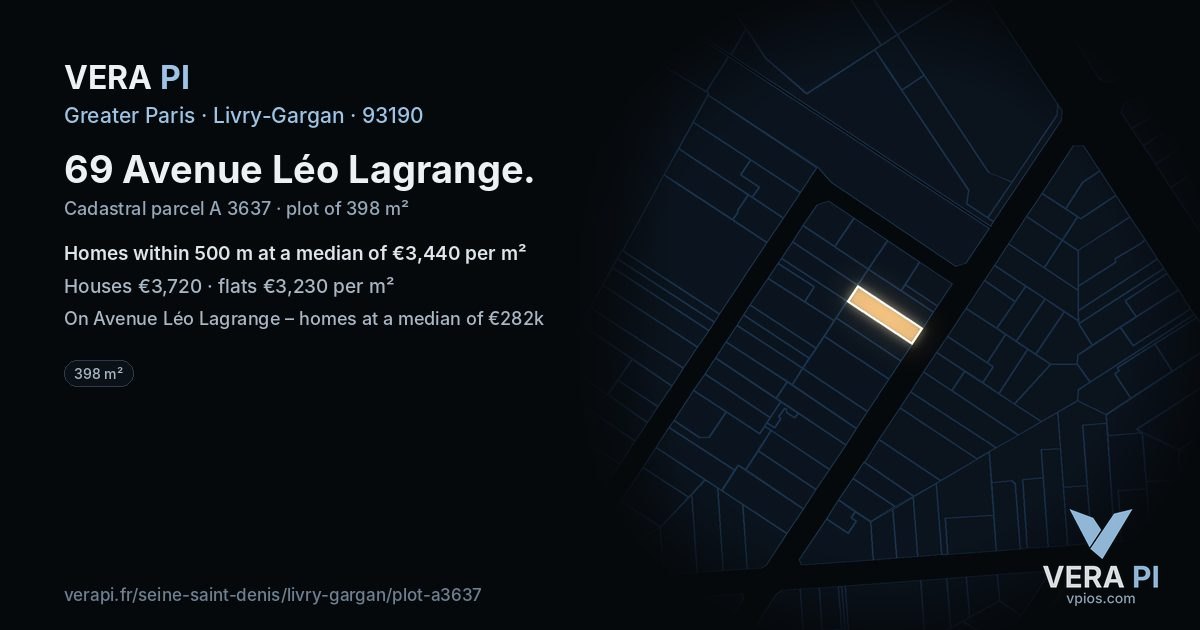 69 Avenue Léo Lagrange, Livry-Gargan at night – the plot lit, the parcels around coloured by the prices near them