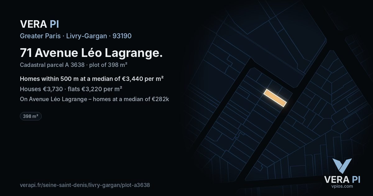 71 Avenue Léo Lagrange, Livry-Gargan at night – the plot lit, the parcels around coloured by the prices near them