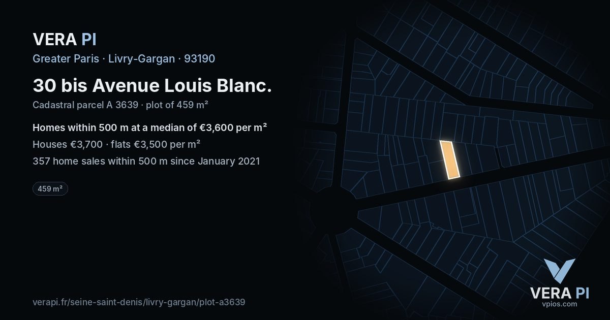 30 bis Avenue Louis Blanc, Livry-Gargan at night – the plot lit, the parcels around coloured by the prices near them