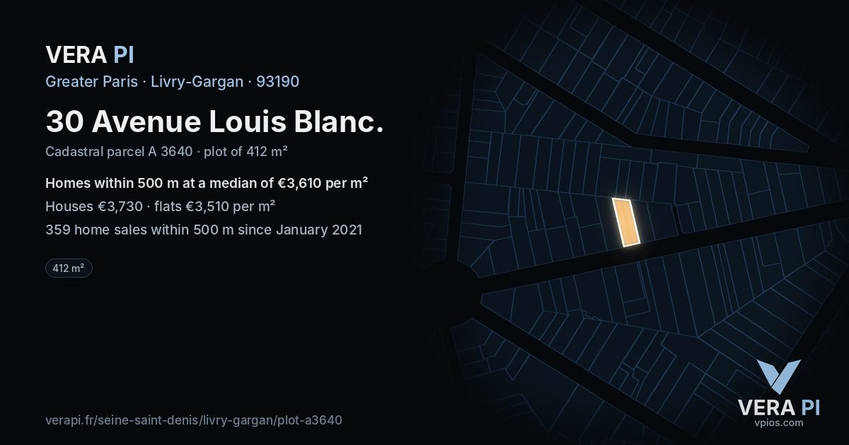 30 Avenue Louis Blanc, Livry-Gargan at night – the plot lit, the parcels around coloured by the prices near them