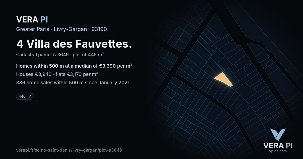 4 Villa des Fauvettes, Livry-Gargan at night – the plot lit, the parcels around coloured by the prices near them