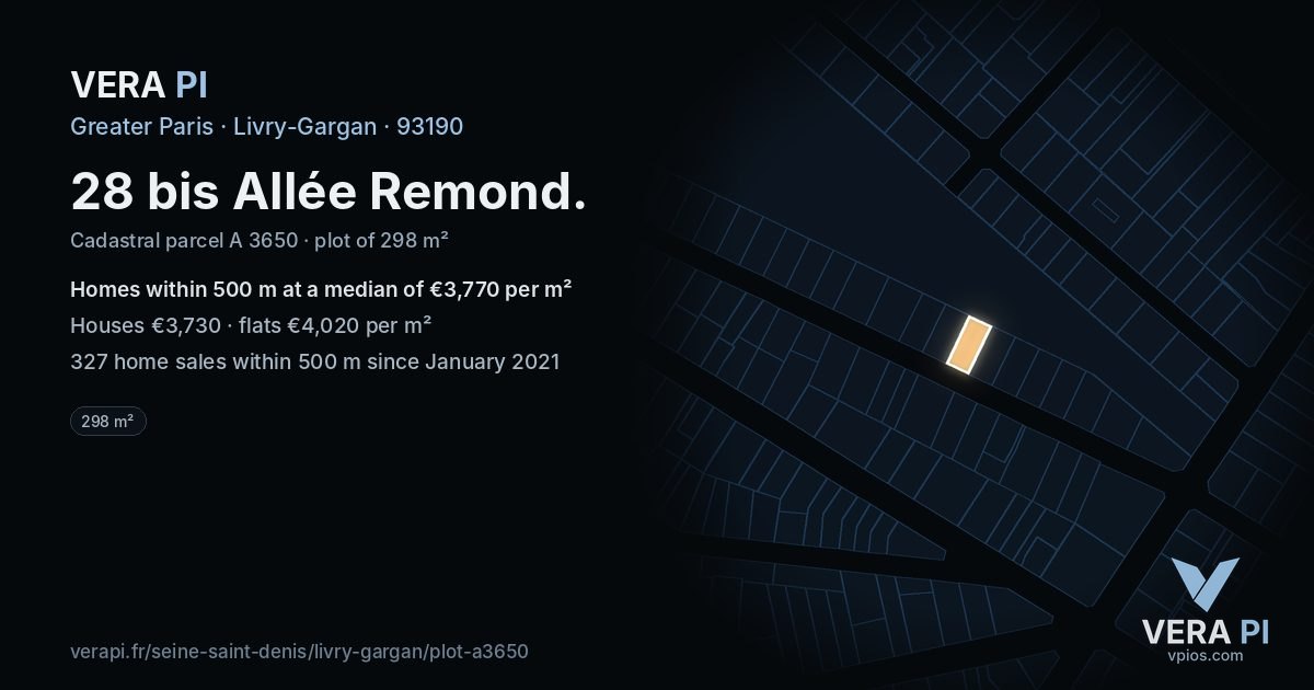 28 bis Allée Remond, Livry-Gargan at night – the plot lit, the parcels around coloured by the prices near them