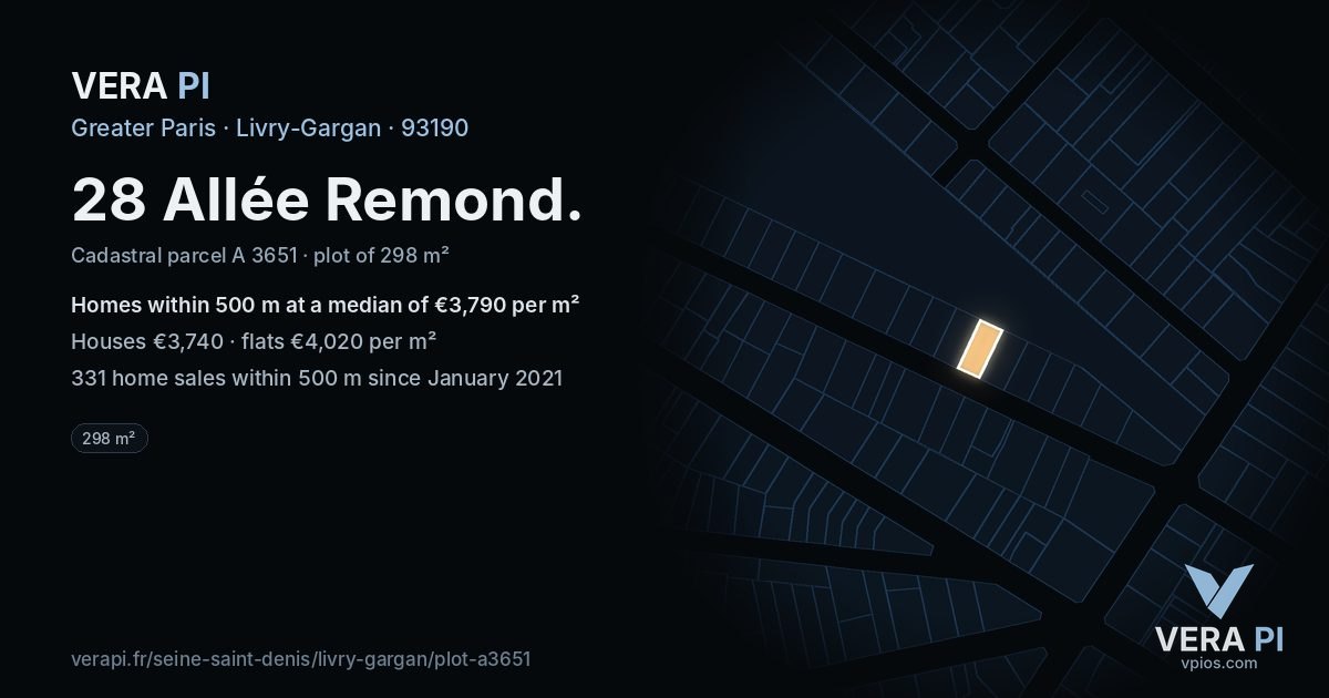 28 Allée Remond, Livry-Gargan at night – the plot lit, the parcels around coloured by the prices near them