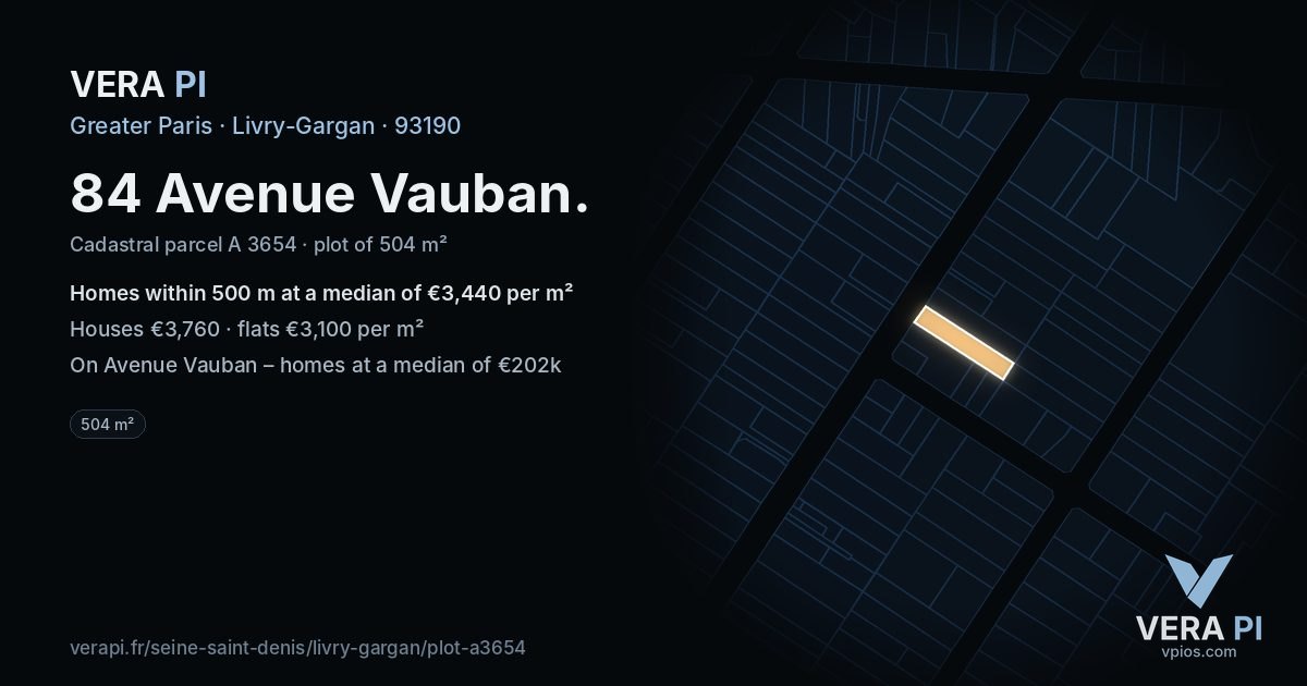 84 Avenue Vauban, Livry-Gargan at night – the plot lit, the parcels around coloured by the prices near them