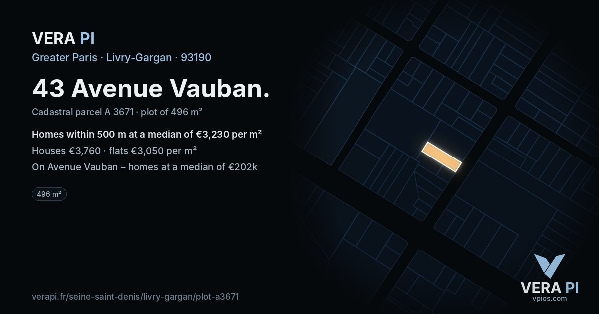 43 Avenue Vauban, Livry-Gargan at night – the plot lit, the parcels around coloured by the prices near them