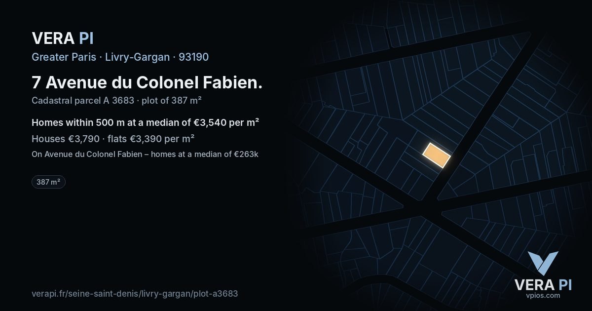 7 Avenue du Colonel Fabien, Livry-Gargan at night – the plot lit, the parcels around coloured by the prices near them