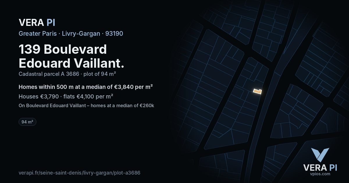 139 Boulevard Edouard Vaillant, Livry-Gargan at night – the plot lit, the parcels around coloured by the prices near them