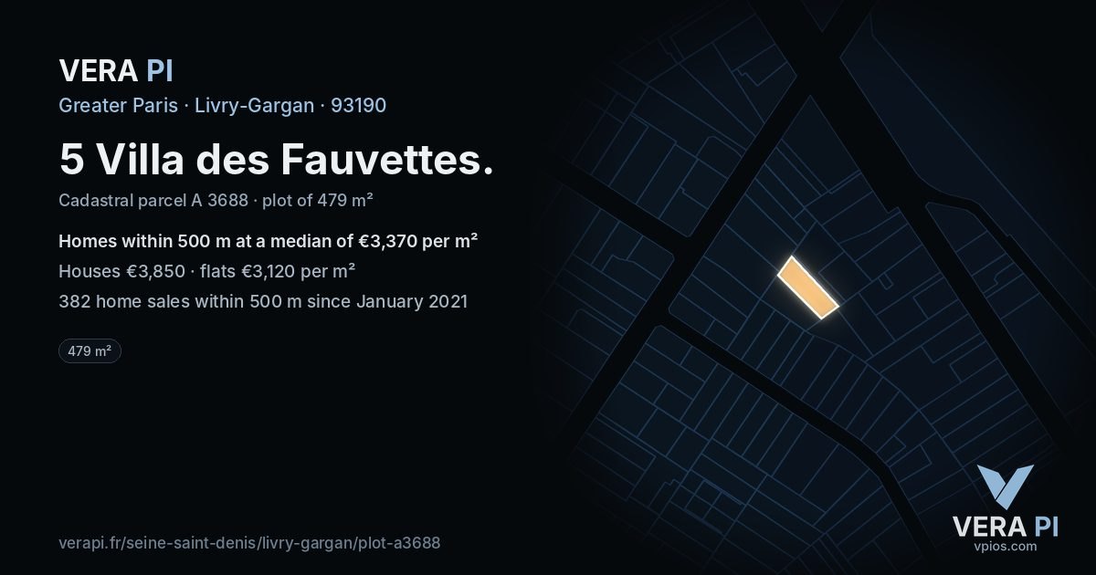 5 Villa des Fauvettes, Livry-Gargan at night – the plot lit, the parcels around coloured by the prices near them