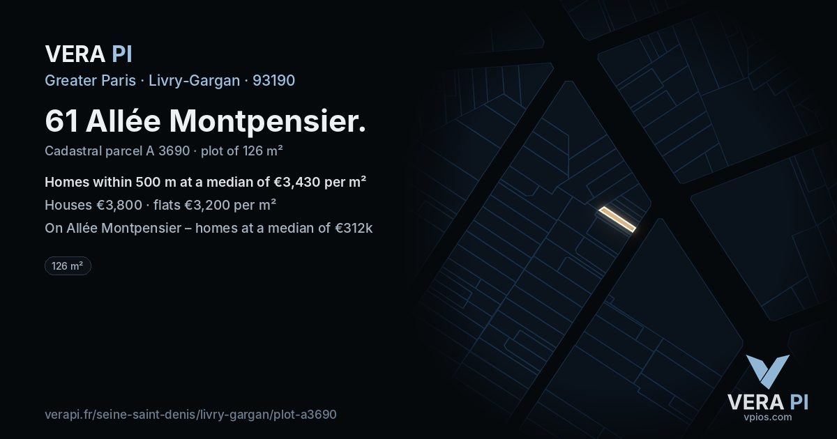 61 Allée Montpensier, Livry-Gargan at night – the plot lit, the parcels around coloured by the prices near them