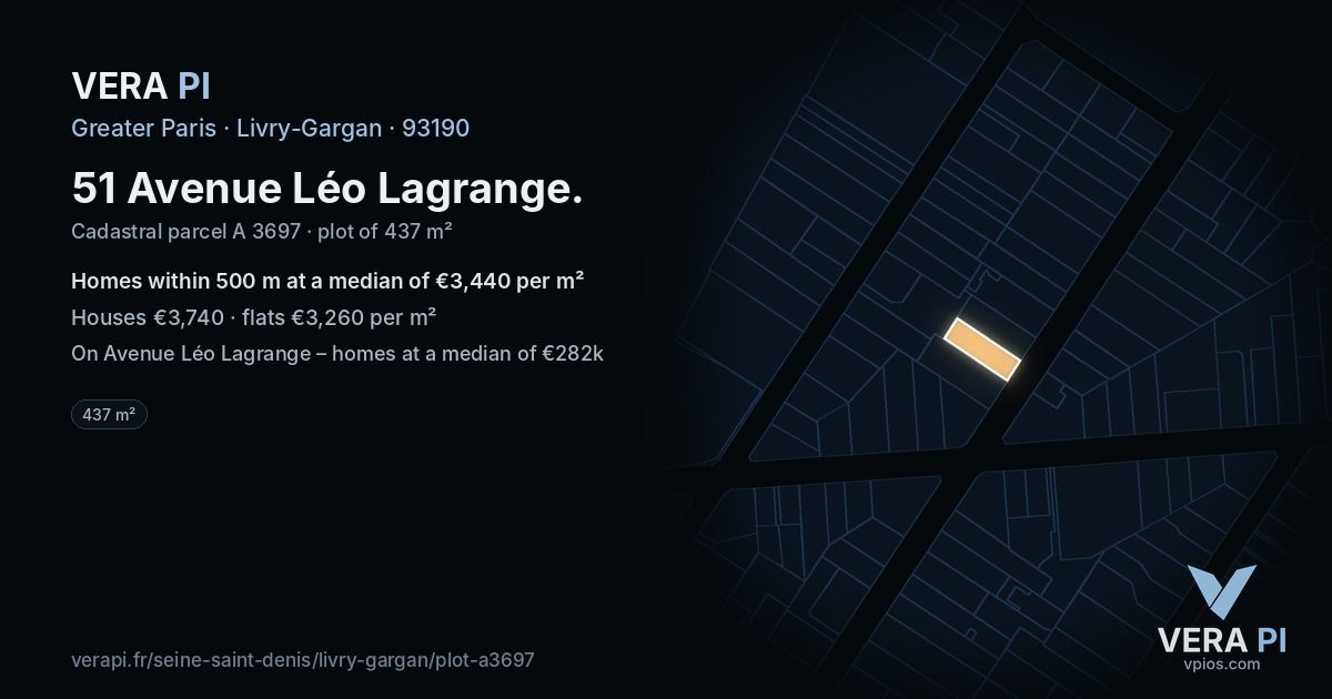 51 Avenue Léo Lagrange, Livry-Gargan at night – the plot lit, the parcels around coloured by the prices near them