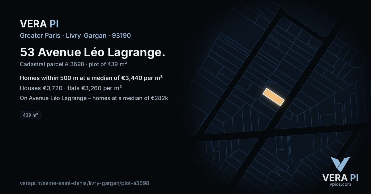 53 Avenue Léo Lagrange, Livry-Gargan at night – the plot lit, the parcels around coloured by the prices near them
