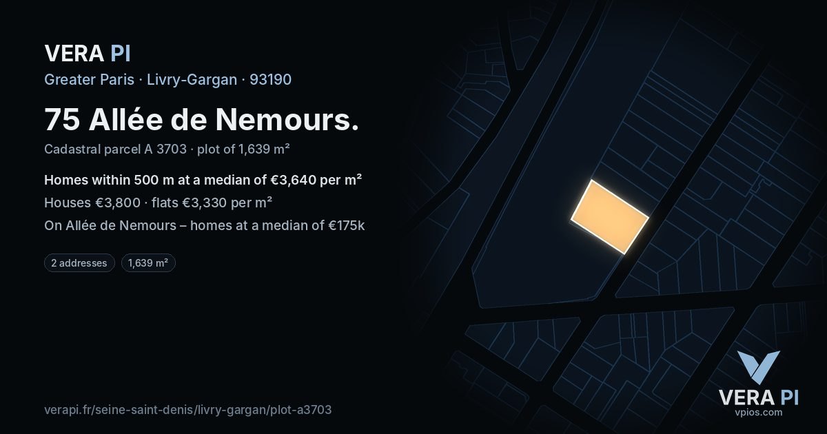75 Allée de Nemours, Livry-Gargan at night – the plot lit, the parcels around coloured by the prices near them