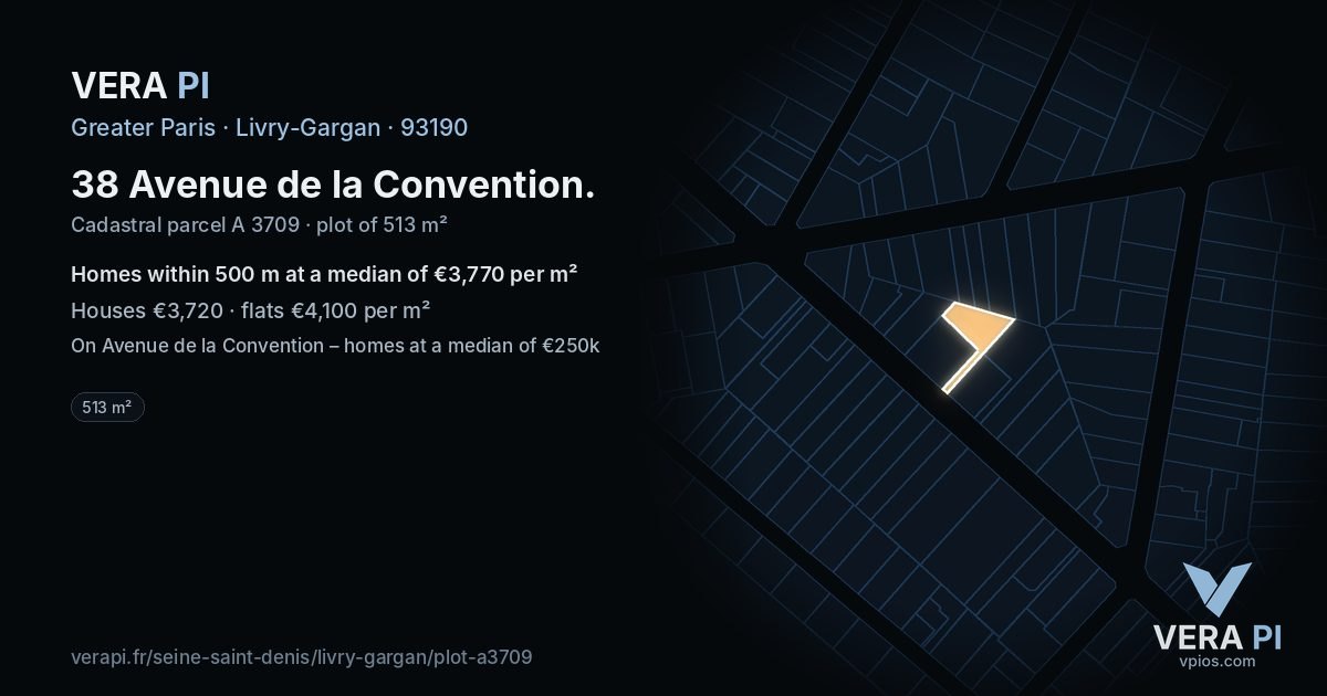 38 Avenue de la Convention, Livry-Gargan at night – the plot lit, the parcels around coloured by the prices near them