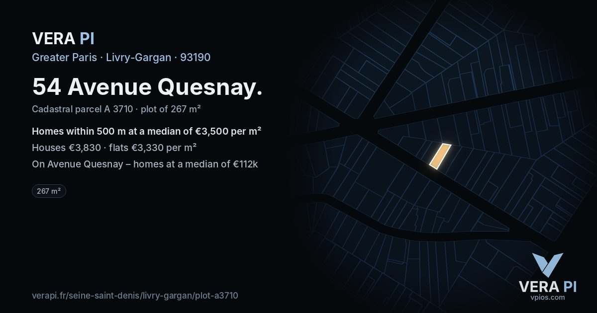 54 Avenue Quesnay, Livry-Gargan at night – the plot lit, the parcels around coloured by the prices near them