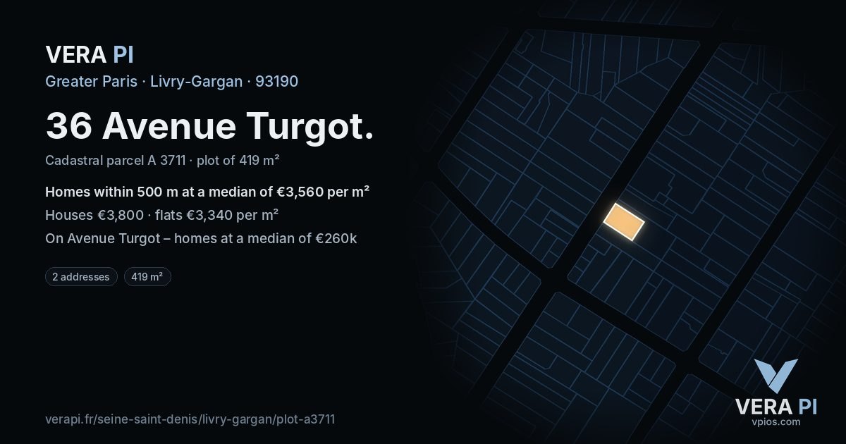36 Avenue Turgot, Livry-Gargan at night – the plot lit, the parcels around coloured by the prices near them