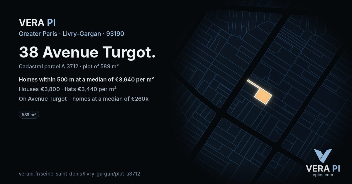 38 Avenue Turgot, Livry-Gargan at night – the plot lit, the parcels around coloured by the prices near them