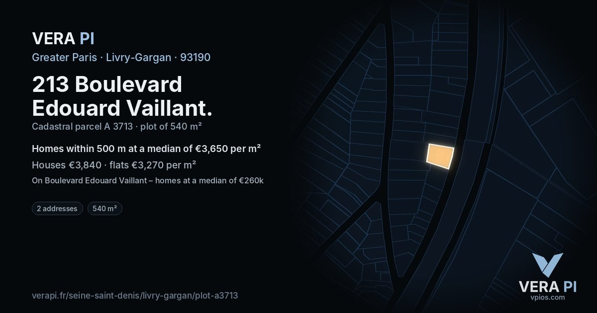 213 Boulevard Edouard Vaillant, Livry-Gargan at night – the plot lit, the parcels around coloured by the prices near them