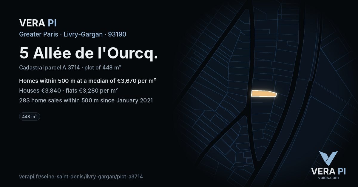 5 Allée de l'Ourcq, Livry-Gargan at night – the plot lit, the parcels around coloured by the prices near them