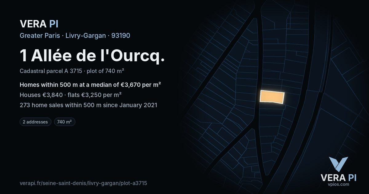 1 Allée de l'Ourcq, Livry-Gargan at night – the plot lit, the parcels around coloured by the prices near them