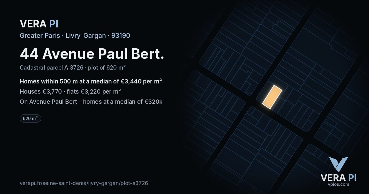 44 Avenue Paul Bert, Livry-Gargan at night – the plot lit, the parcels around coloured by the prices near them