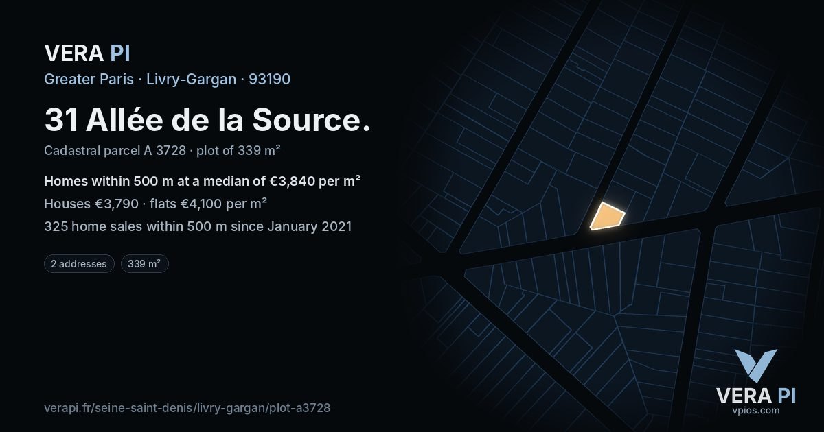 31 Allée de la Source, Livry-Gargan at night – the plot lit, the parcels around coloured by the prices near them