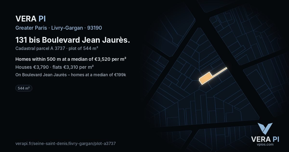 131 bis Boulevard Jean Jaurès, Livry-Gargan at night – the plot lit, the parcels around coloured by the prices near them