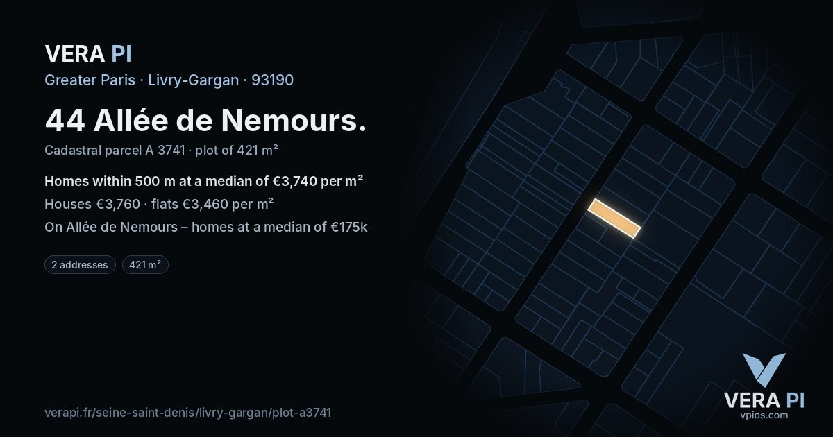 44 Allée de Nemours, Livry-Gargan at night – the plot lit, the parcels around coloured by the prices near them