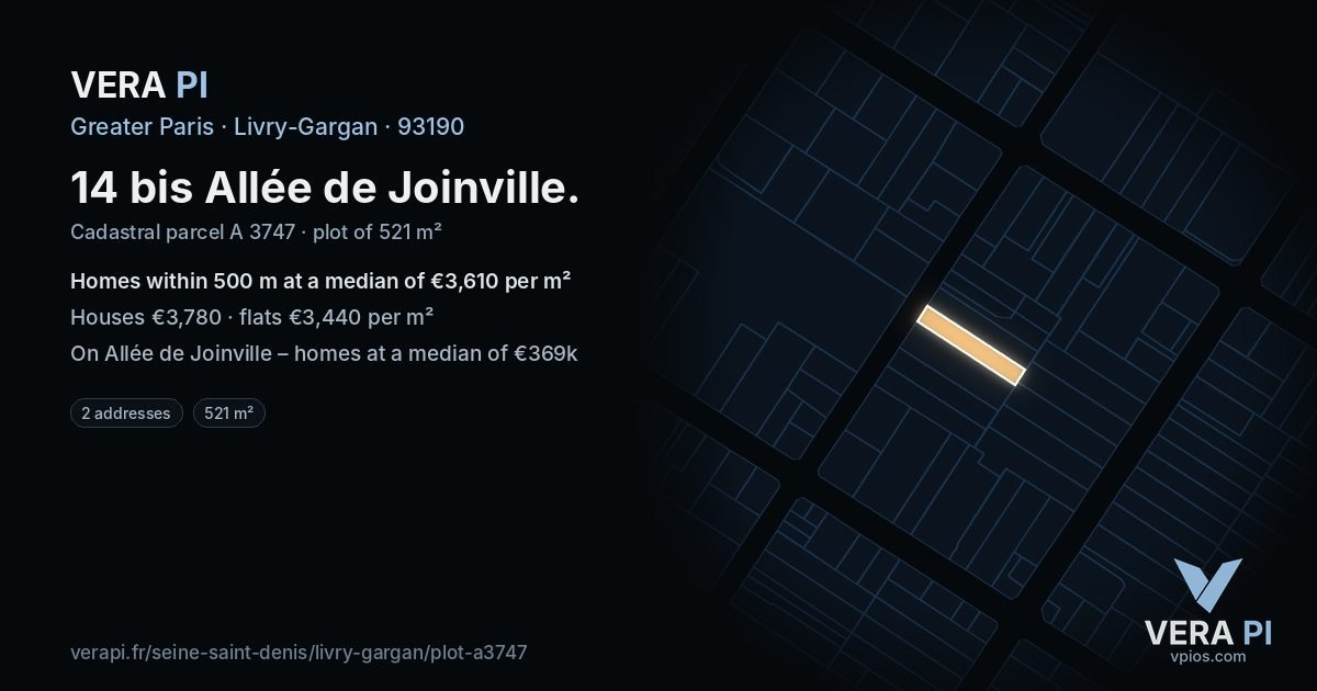 14 bis Allée de Joinville, Livry-Gargan at night – the plot lit, the parcels around coloured by the prices near them