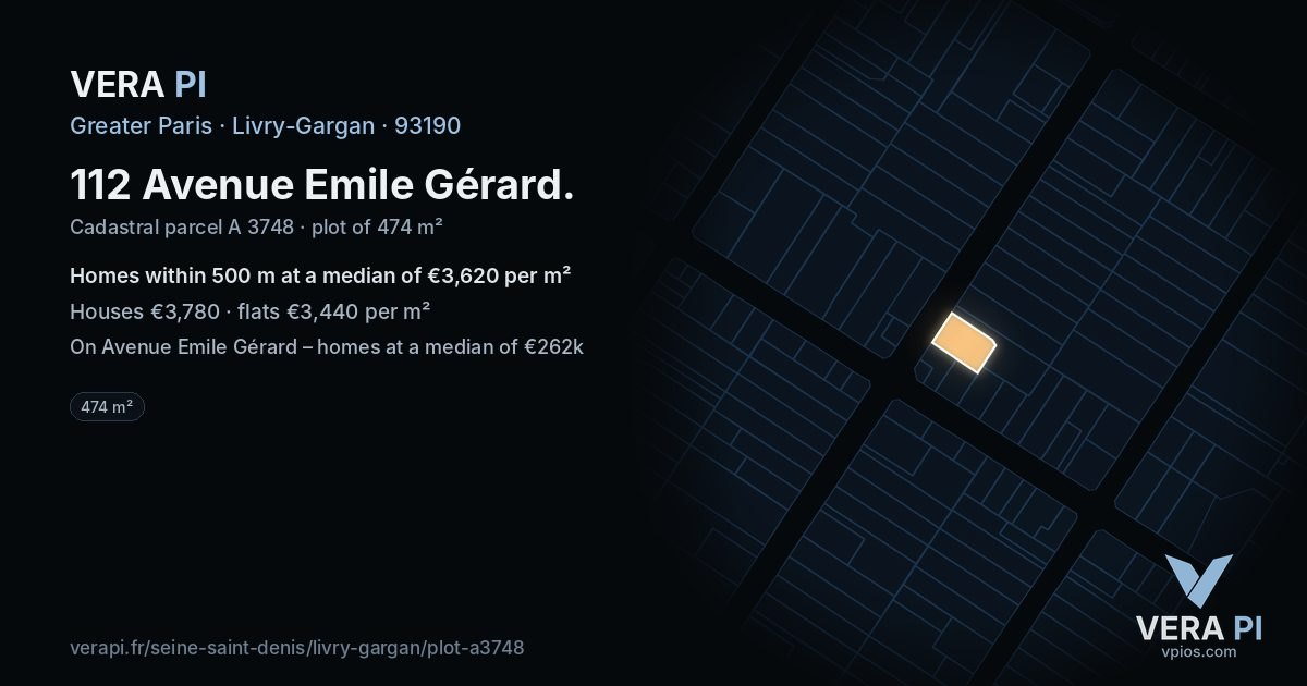 112 Avenue Emile Gérard, Livry-Gargan at night – the plot lit, the parcels around coloured by the prices near them