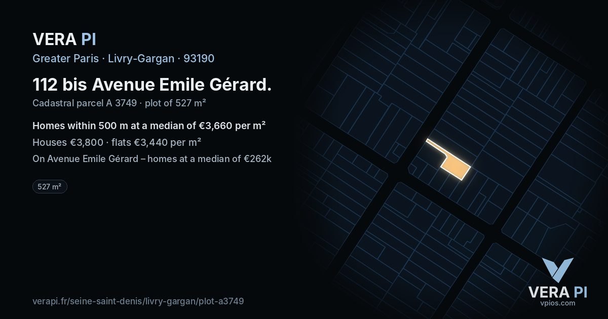 112 bis Avenue Emile Gérard, Livry-Gargan at night – the plot lit, the parcels around coloured by the prices near them