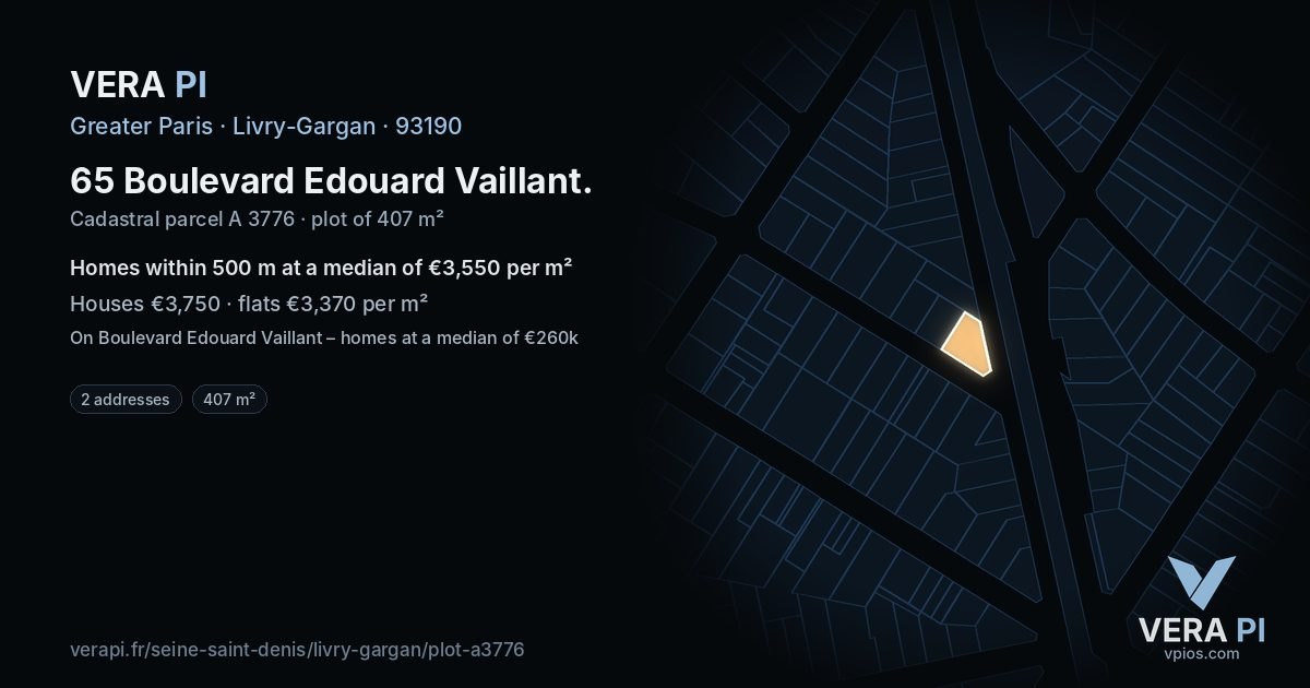 65 Boulevard Edouard Vaillant, Livry-Gargan at night – the plot lit, the parcels around coloured by the prices near them