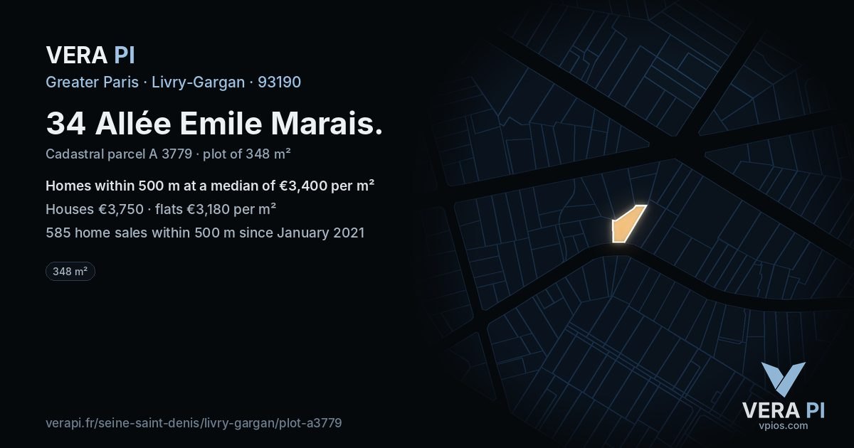 34 Allée Emile Marais, Livry-Gargan at night – the plot lit, the parcels around coloured by the prices near them