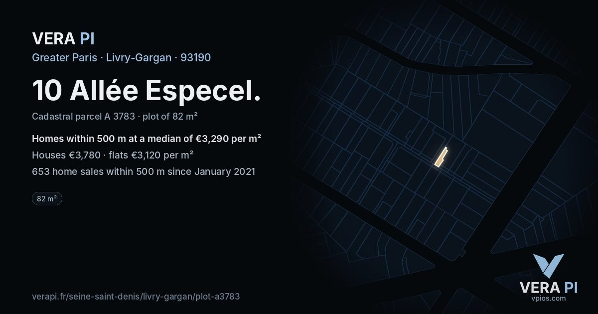 10 Allée Especel, Livry-Gargan at night – the plot lit, the parcels around coloured by the prices near them