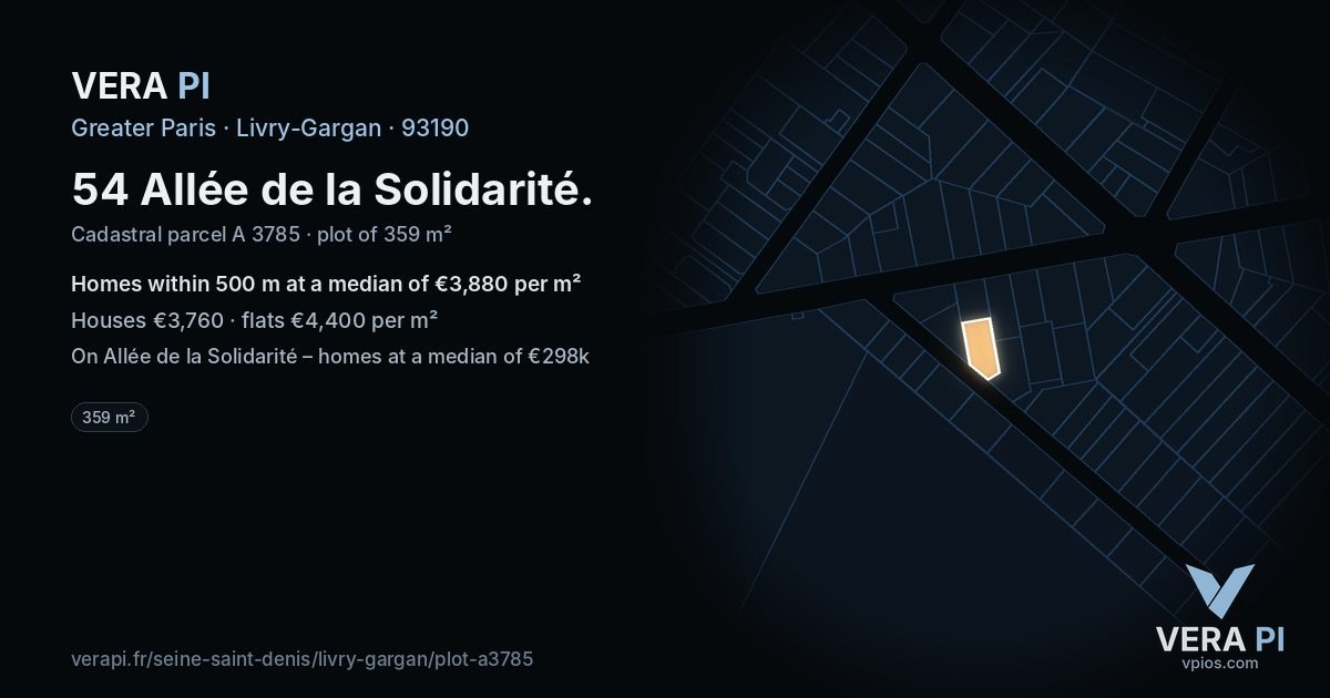 54 Allée de la Solidarité, Livry-Gargan at night – the plot lit, the parcels around coloured by the prices near them