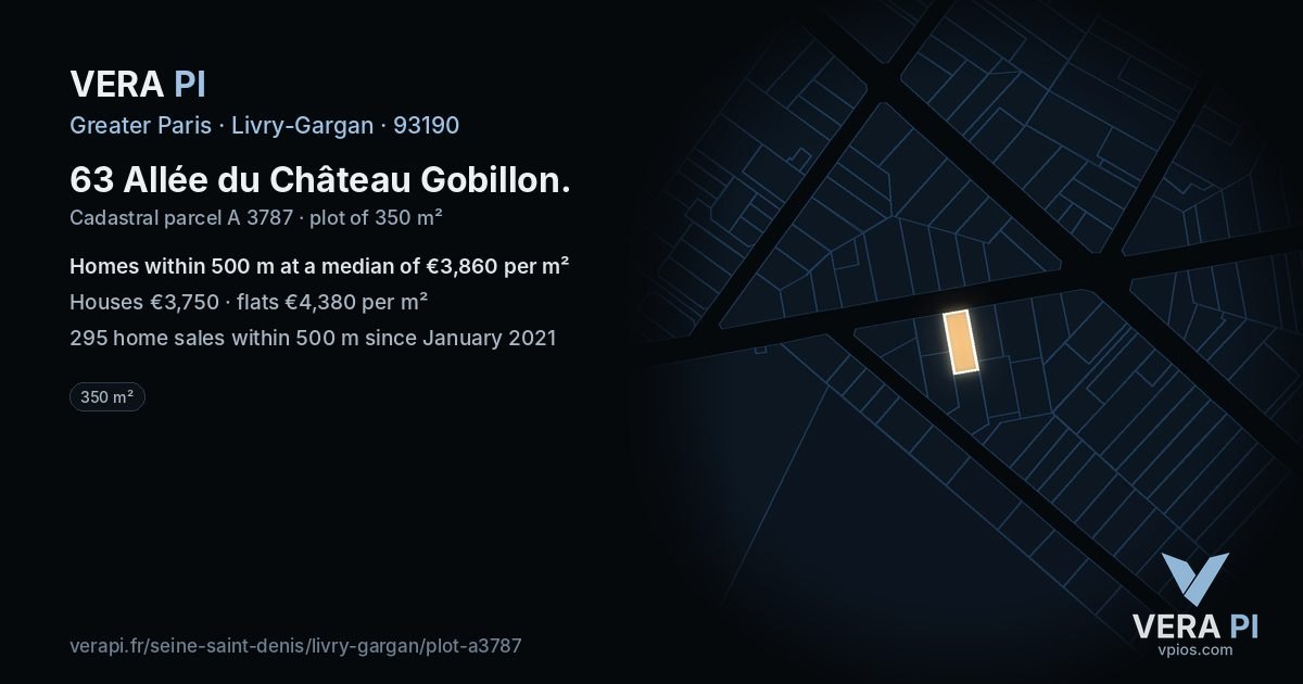 63 Allée du Château Gobillon, Livry-Gargan at night – the plot lit, the parcels around coloured by the prices near them