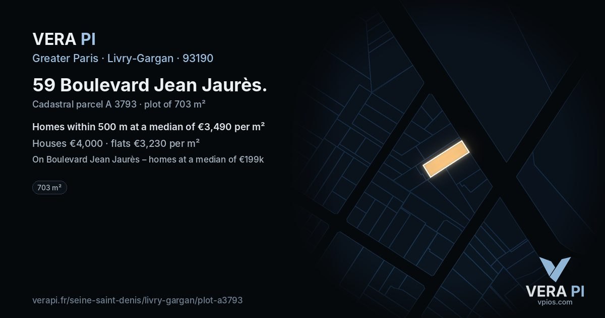 59 Boulevard Jean Jaurès, Livry-Gargan at night – the plot lit, the parcels around coloured by the prices near them