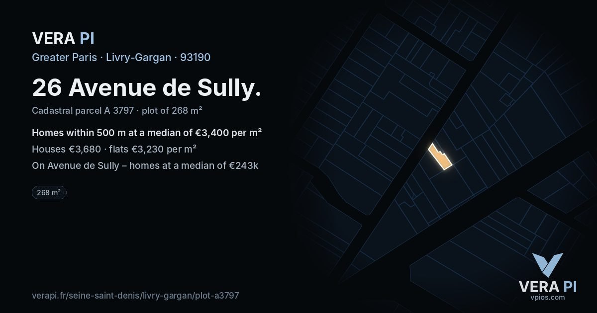 26 Avenue de Sully, Livry-Gargan at night – the plot lit, the parcels around coloured by the prices near them