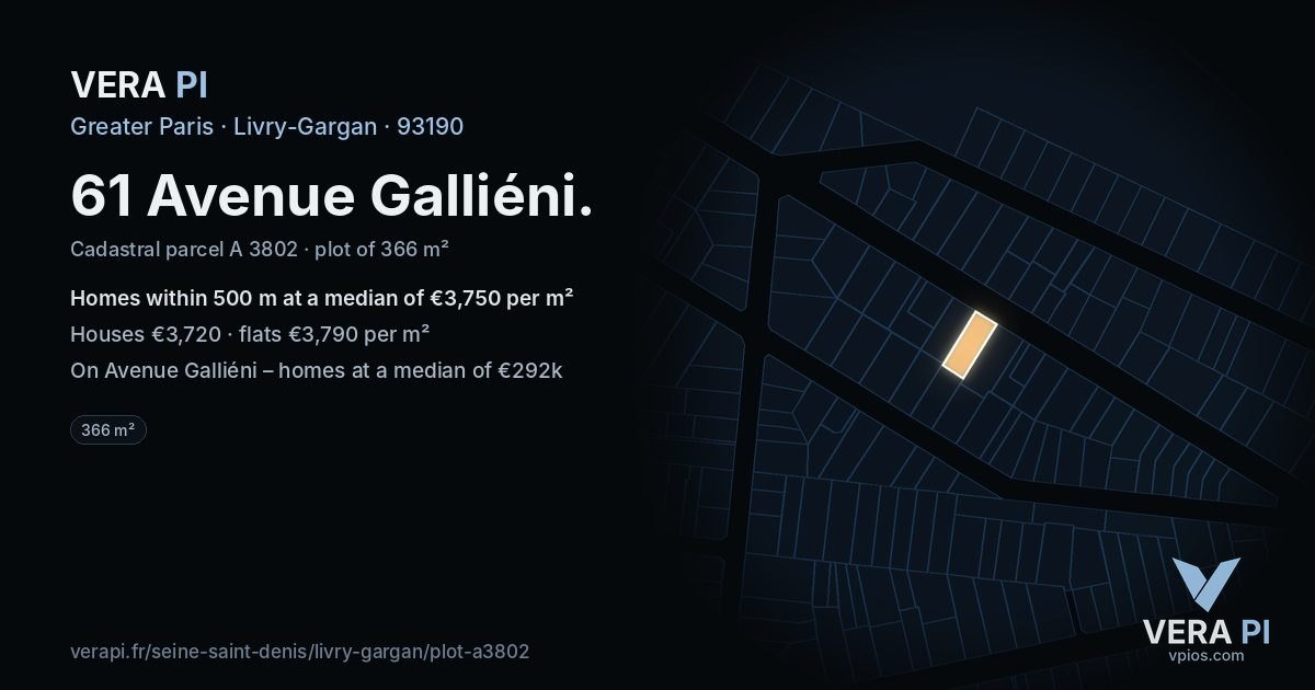 61 Avenue Galliéni, Livry-Gargan at night – the plot lit, the parcels around coloured by the prices near them
