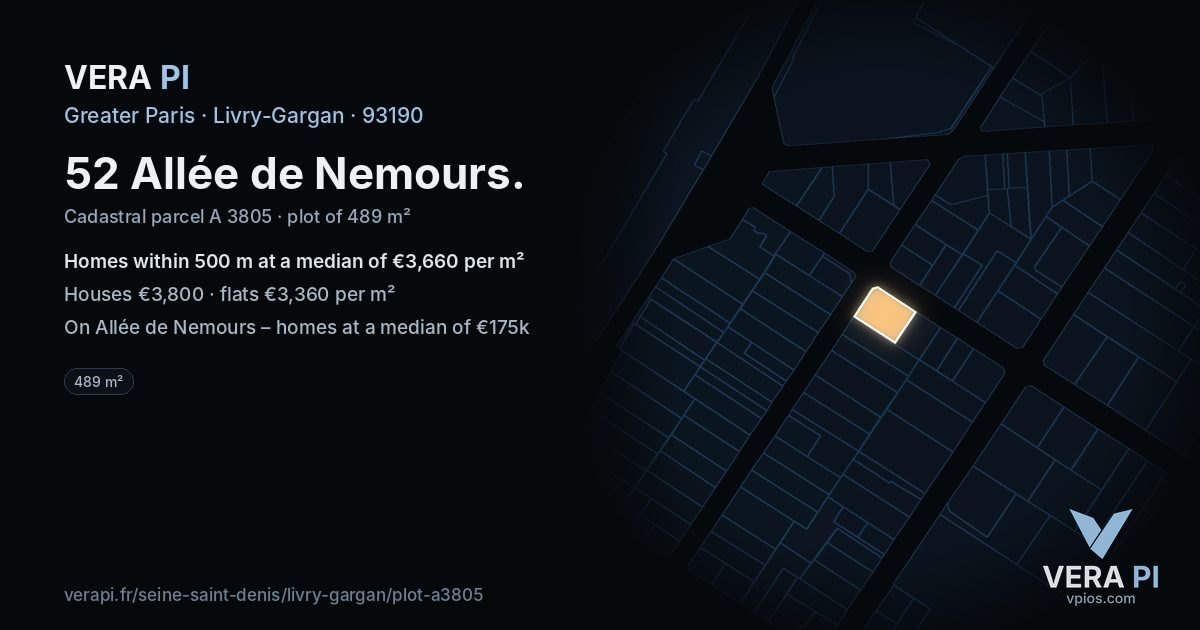 52 Allée de Nemours, Livry-Gargan at night – the plot lit, the parcels around coloured by the prices near them