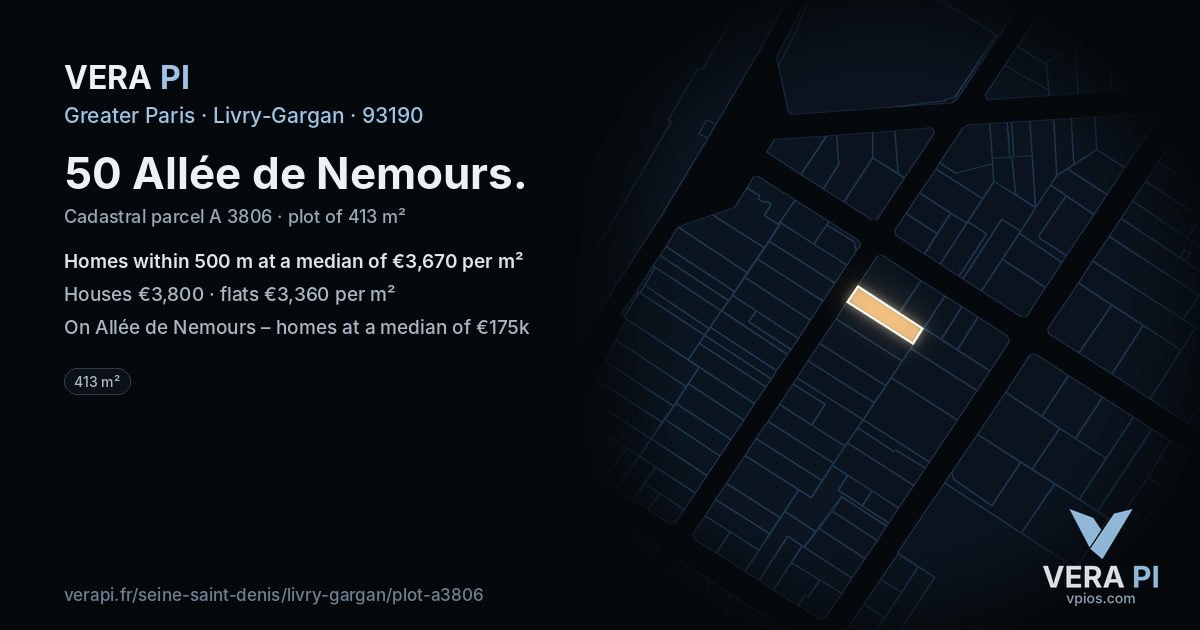 50 Allée de Nemours, Livry-Gargan at night – the plot lit, the parcels around coloured by the prices near them