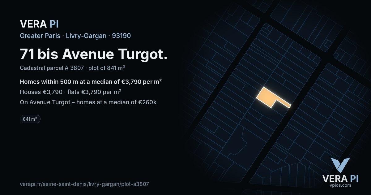 71 bis Avenue Turgot, Livry-Gargan at night – the plot lit, the parcels around coloured by the prices near them