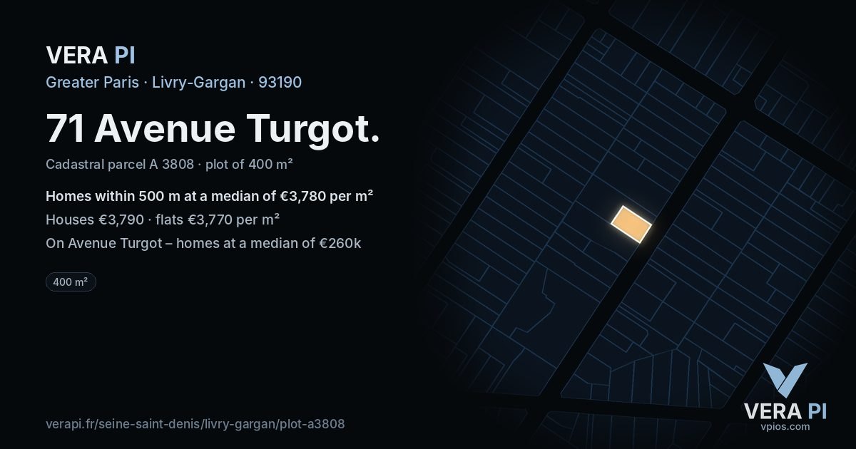 71 Avenue Turgot, Livry-Gargan at night – the plot lit, the parcels around coloured by the prices near them
