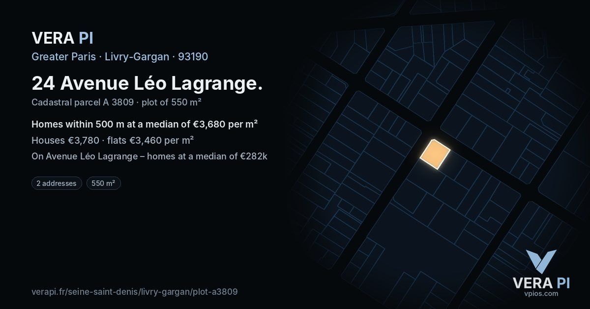 24 Avenue Léo Lagrange, Livry-Gargan at night – the plot lit, the parcels around coloured by the prices near them